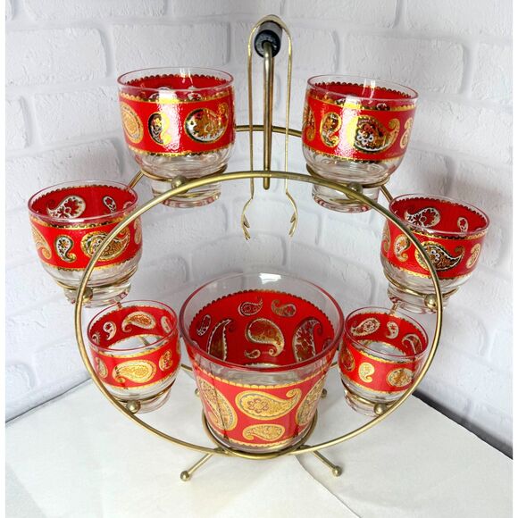 Stunning Vintage MCM Culver Red Paisley Ferris Wheel Bar Glasses & Ice Bucket - Picture 1 of 10